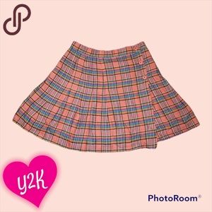 Pink and Blue Pleated Plaid Skirt